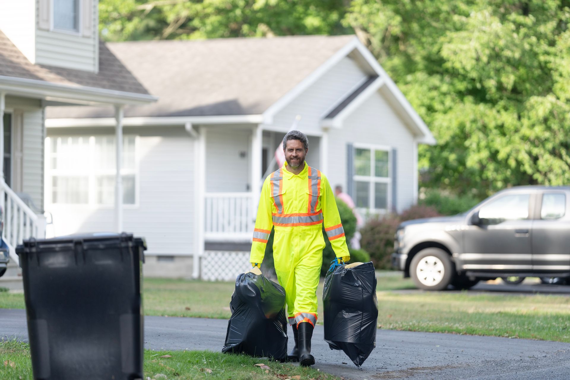 A man in a yellow jumpsuit is carrying trash bags down a street.