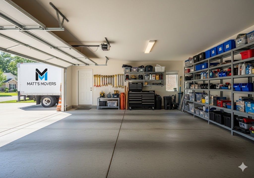 Spacious garage with shelves, tools, and a moving truck in the doorway.
