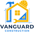 Logo for Vanguard Construction: Yellow house outline with tools, blue and yellow color scheme.