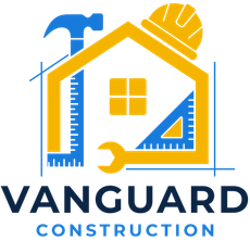 Logo for Vanguard Construction: Yellow house outline with tools, blue and yellow color scheme.