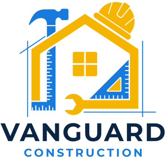 Logo for Vanguard Construction: Yellow house outline with tools, blue and yellow color scheme.