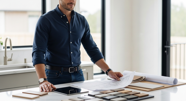 A person in a dark shirt stands at a counter, reviewing architectural blueprints and material samples in a modern kitchen.