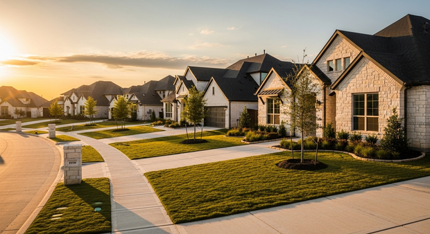 A row of modern suburban stone homes under a sunset sky, with manicured lawns and sidewalks leading along the street.