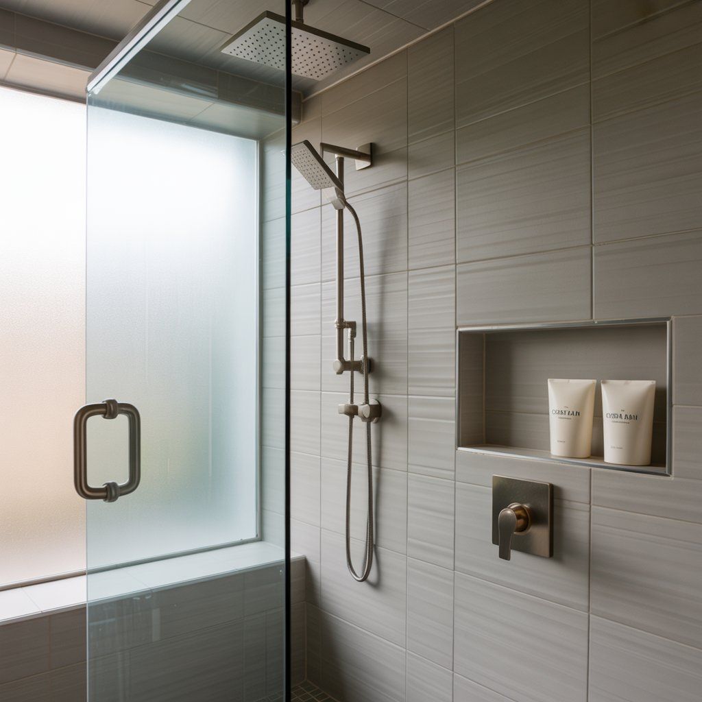 Modern bathroom with a glass-enclosed shower, gray tiled walls, and toiletries in a wall niche.