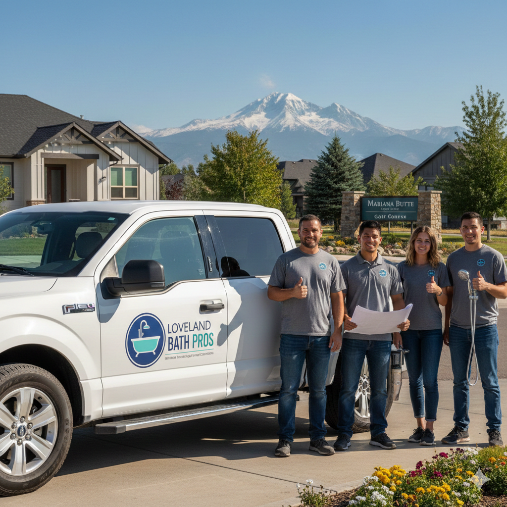 Team of four in front of a white truck with logo