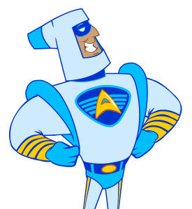 Superhero in blue and white suit with 