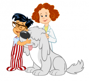 Boy in red and white overalls hugs a gray dog, a woman in a lab coat smiles next to them.