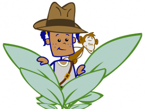Explorer with monkey in leaves.