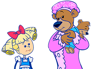 Cartoon of children and a nurse with a superhero near a hospital bed and medical equipment.