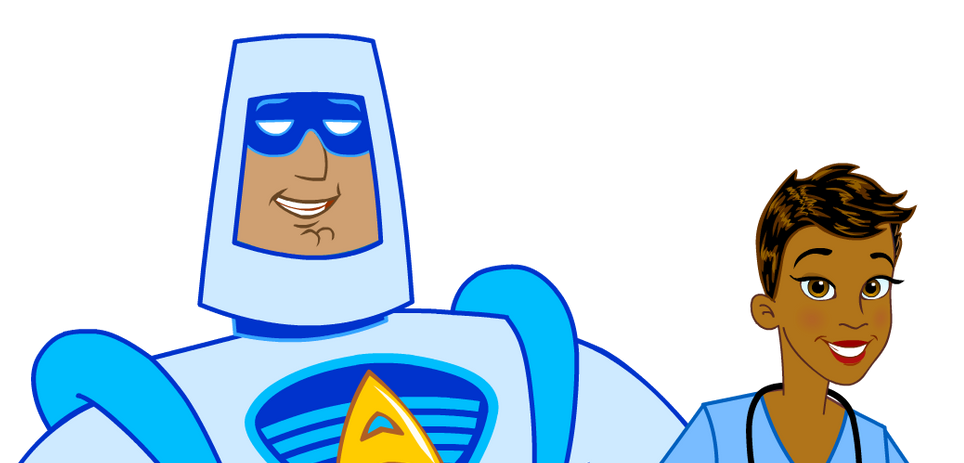 A superhero in a light blue suit and a smiling woman in a light blue uniform.