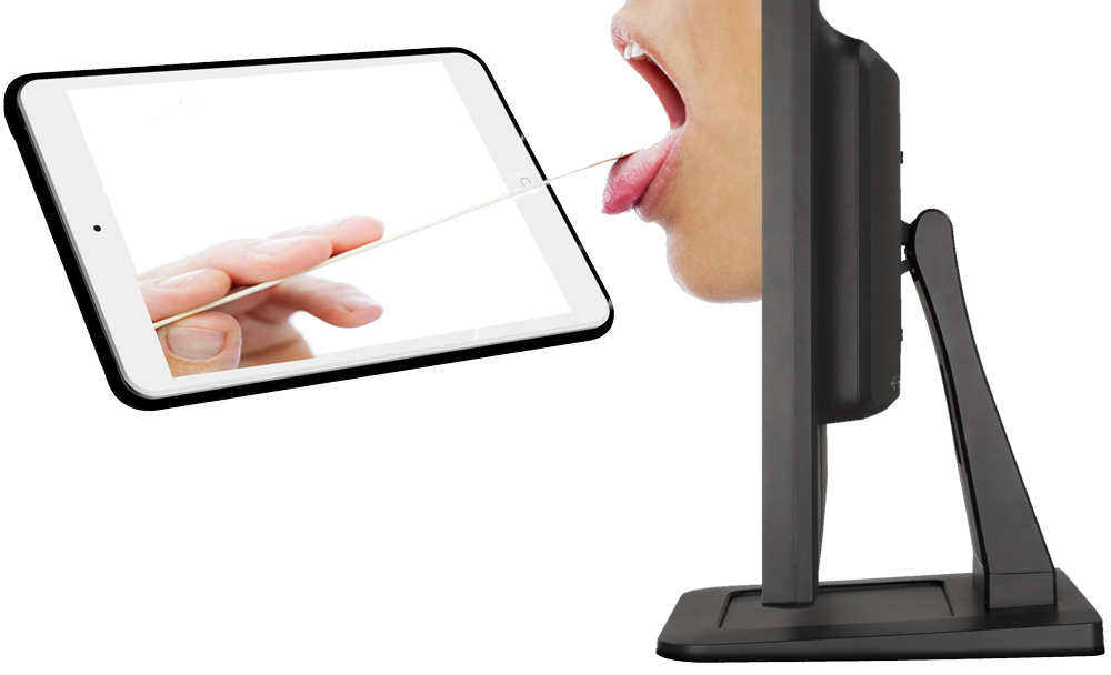 Person receiving medical test. A swab extends from the screen to the open mouth. Black monitor stand.