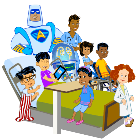 Cartoon children with a nurse and robot in a hospital setting, smiling and engaging in activities.