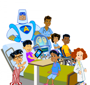 Cartoon of children and a nurse with a superhero near a hospital bed and medical equipment.