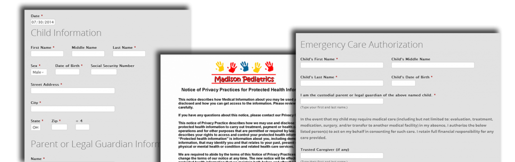 Three forms, one with a logo, the others with fields for data input.