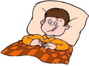 Boy in bed, sick with thermometer in his mouth; covered with blanket.