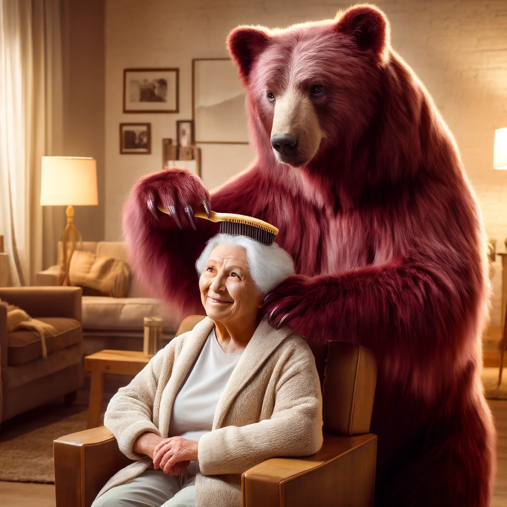 A nurse is brushing the hair of an elderly man in a bathroom.