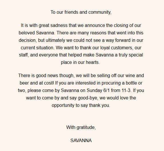 Savanna restaurant closes