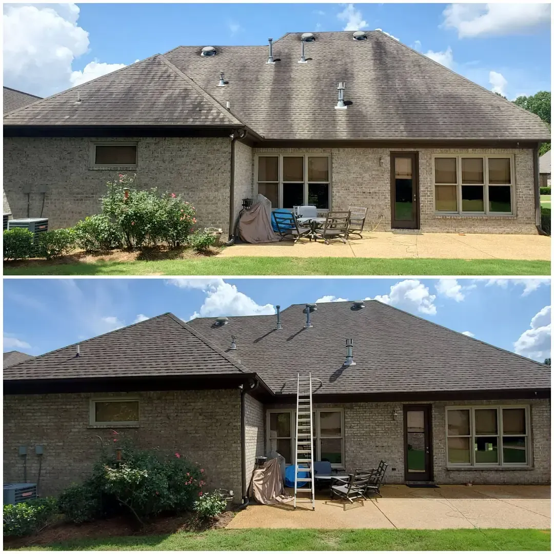 Before and after view of a house roof cleaning. Roof changes from green and black to cleaner brown.