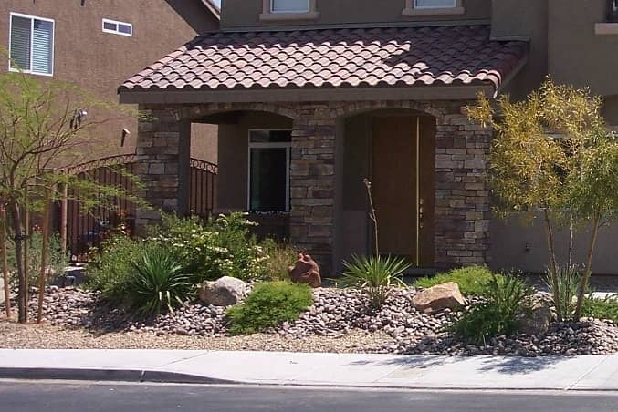 Stones, Shrubs, and Trees in Front of Residence - Landscaping and Lawn Care Services in Henderson, NV