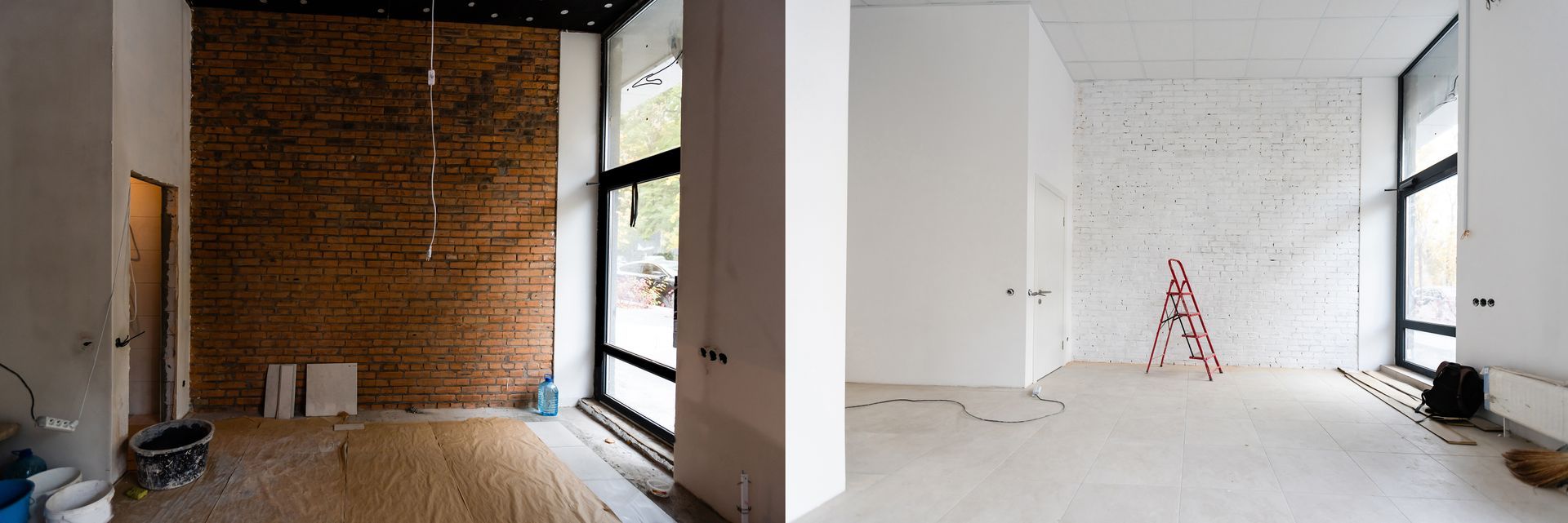Two photos: Interior spaces in different stages of renovation. One with exposed brick, the other painted white.