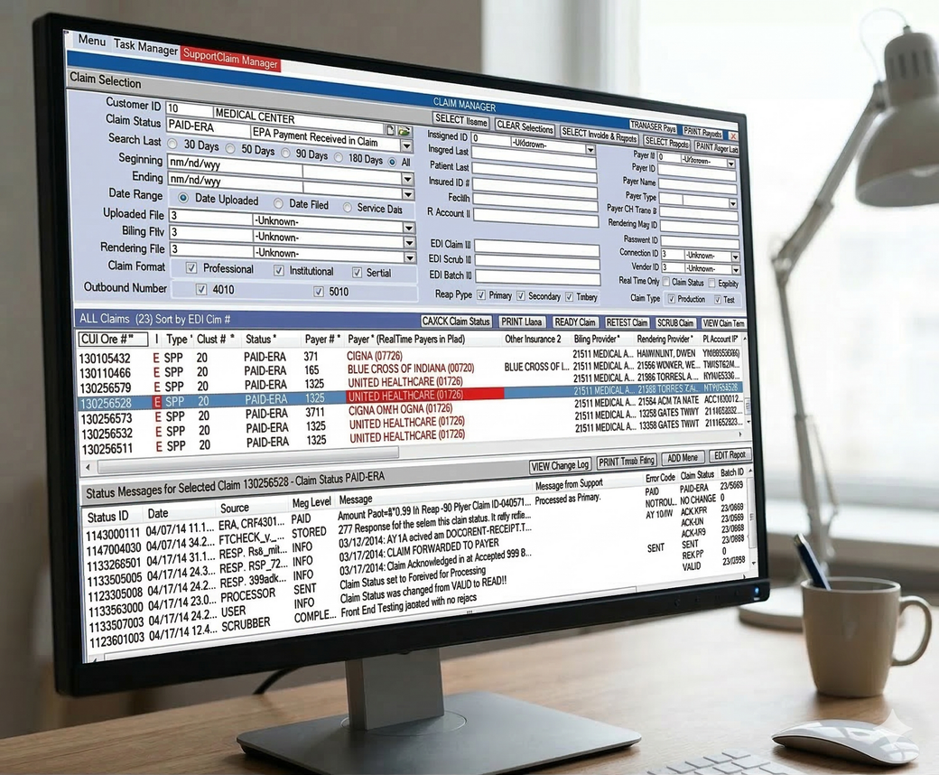 Claim Manager screen in three sections. The top filters claims. The middle shows selected claims. The bottom shows details.