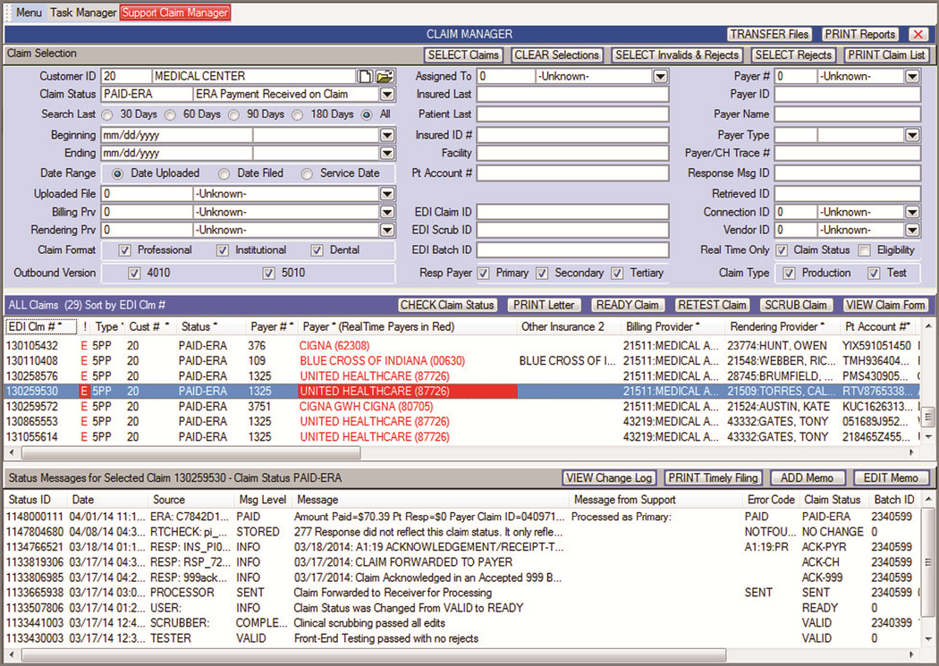 Claim Manager in three sections. The top filters claims. The middle shows selected claims. The bottom shows details.
