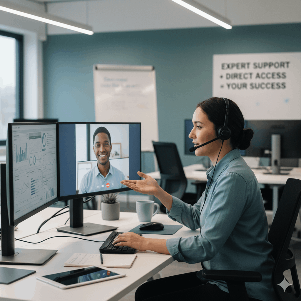 Woman with headset on video call with a man; both smiling. Office setting with monitors.