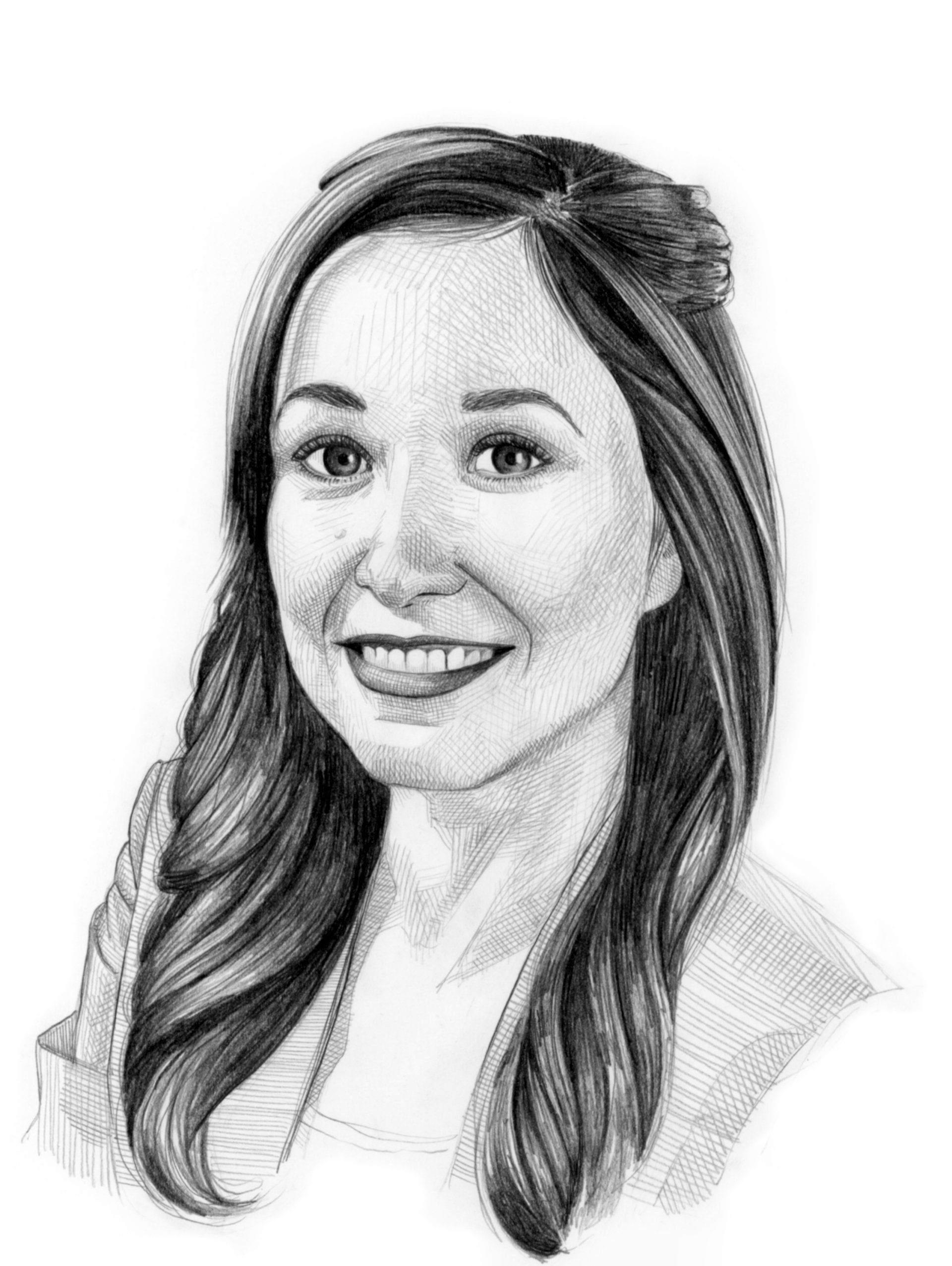 A black and white pencil drawing of a smiling woman with long hair.