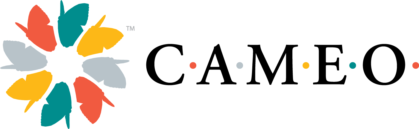 The cameo logo has a colorful flower in the middle of it.