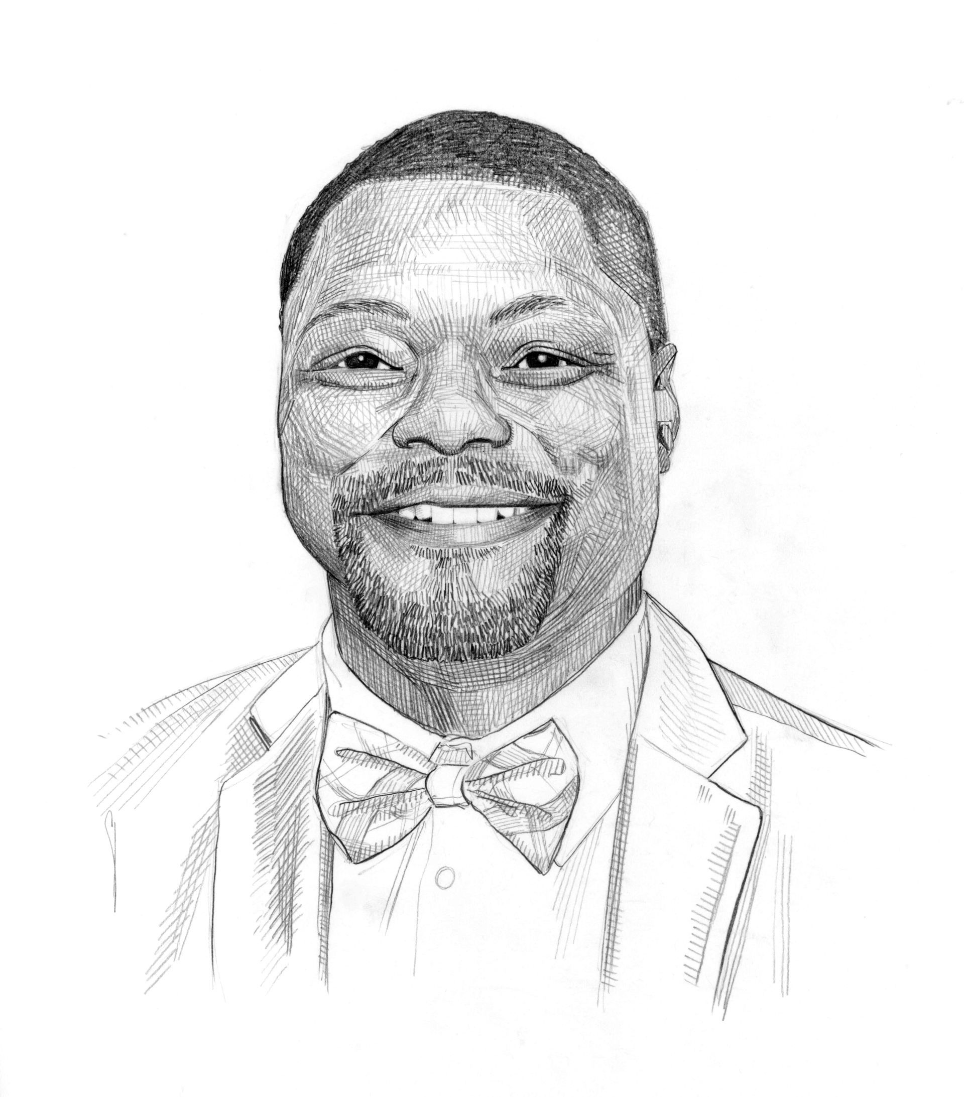 A black and white drawing of a man wearing a suit and bow tie.