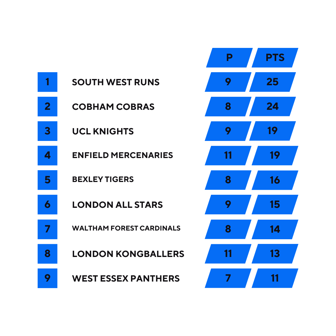 Cricket league standings: Teams ranked by points. South West Runs and UCL Knights tied for first.