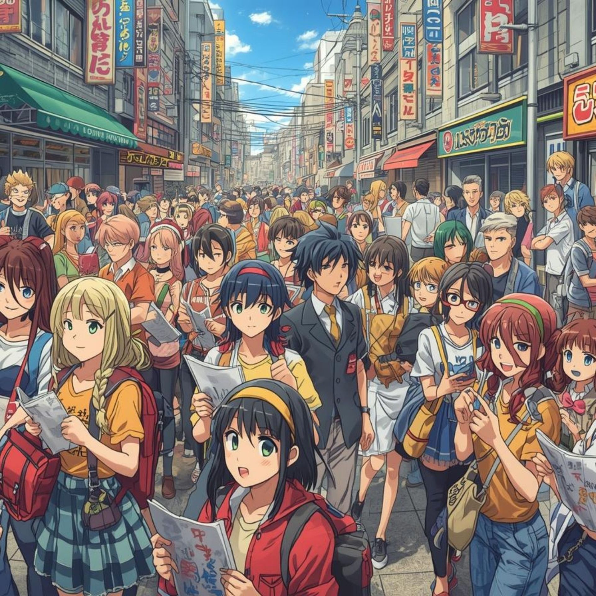 An anime-style illustration of a large crowd of people walking through a bustling, vibrant Japanese street market.