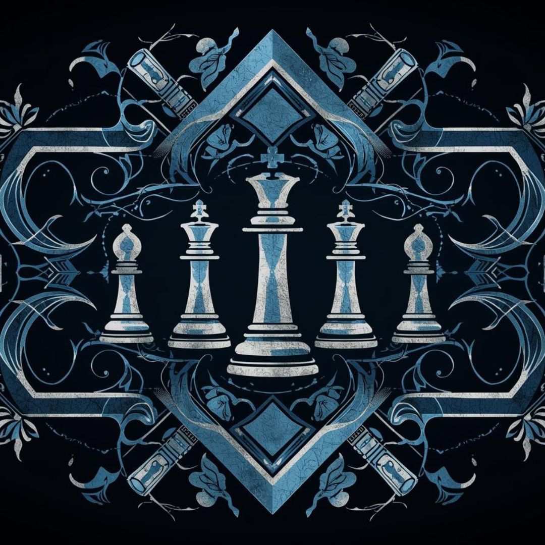Blue-and-white chess pieces—a central king, two queens, and two bishops—arranged symmetrically within ornate scrollwork.