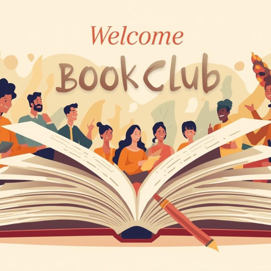 An open book sits before a diverse group of people; the text above reads 