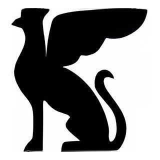 Black silhouette of a cat with wings, standing upright on a white background