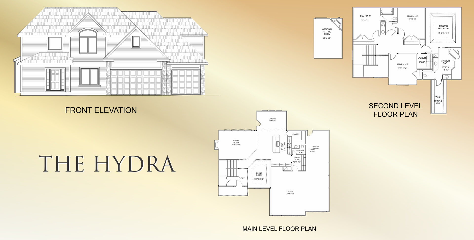 House plan sheet titled “The Hydra” with front elevation and floor plan drawings on a beige background