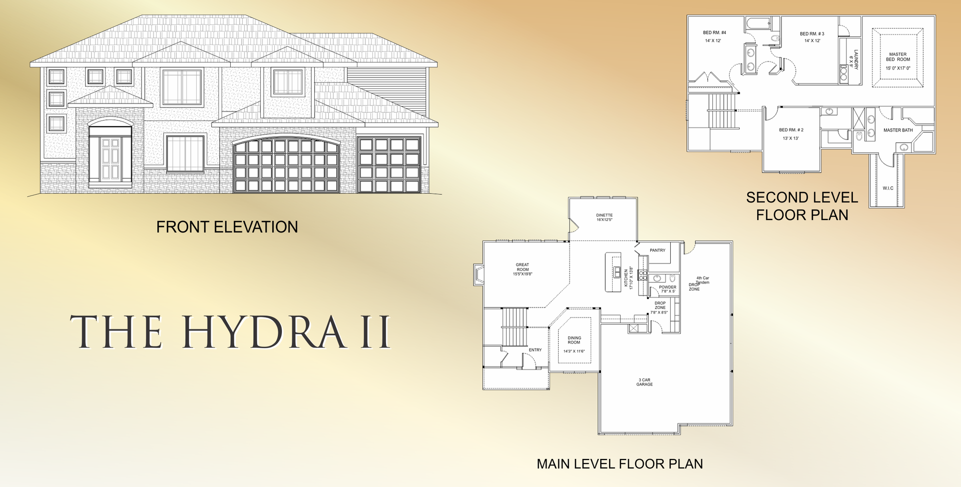 Architectural floor plan and elevation of “The Hydra II” house in black and white