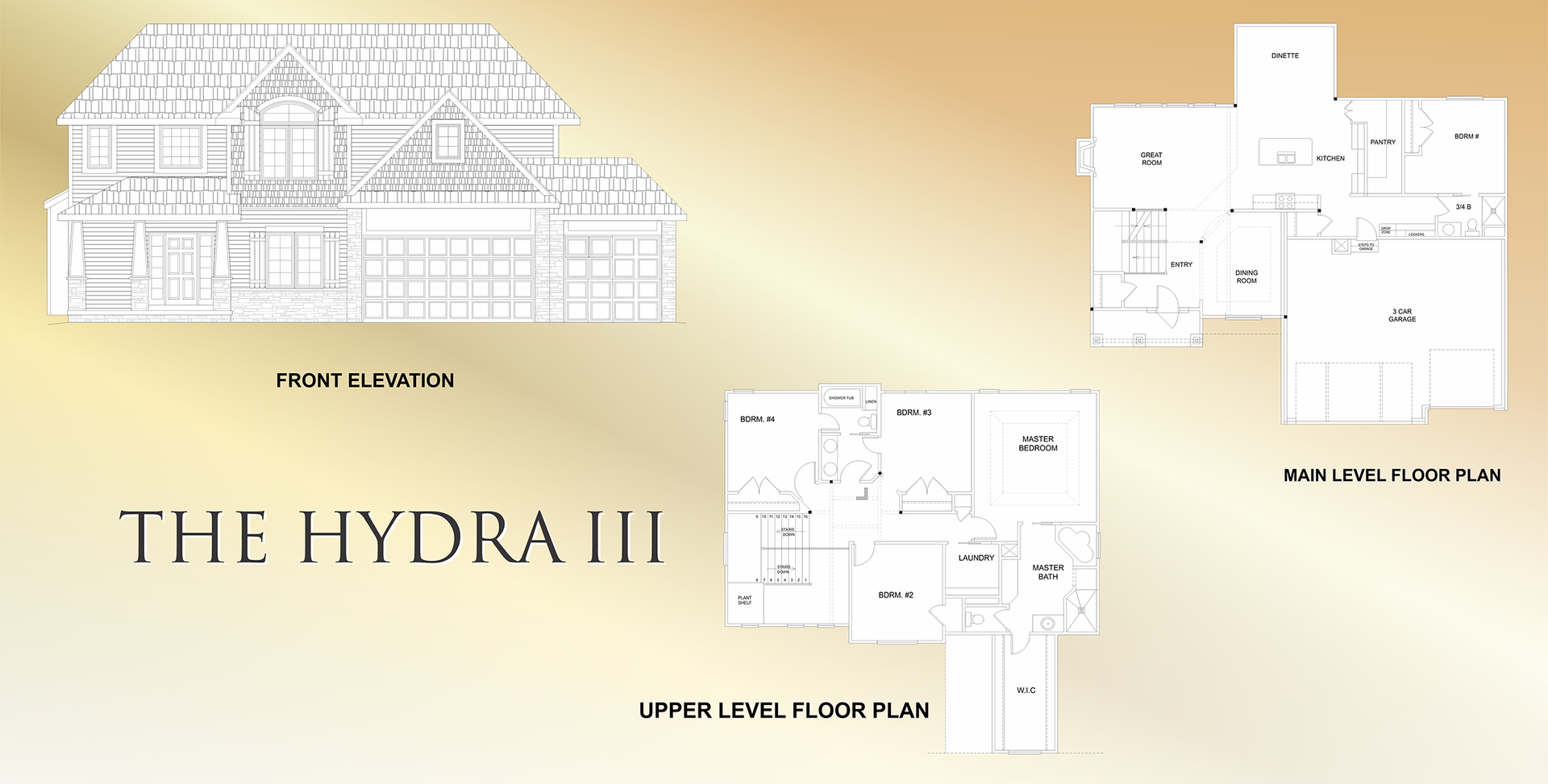 Floor plan collage titled “THE HYDRA III” with front elevation and two layout drawings on a beige gradient background