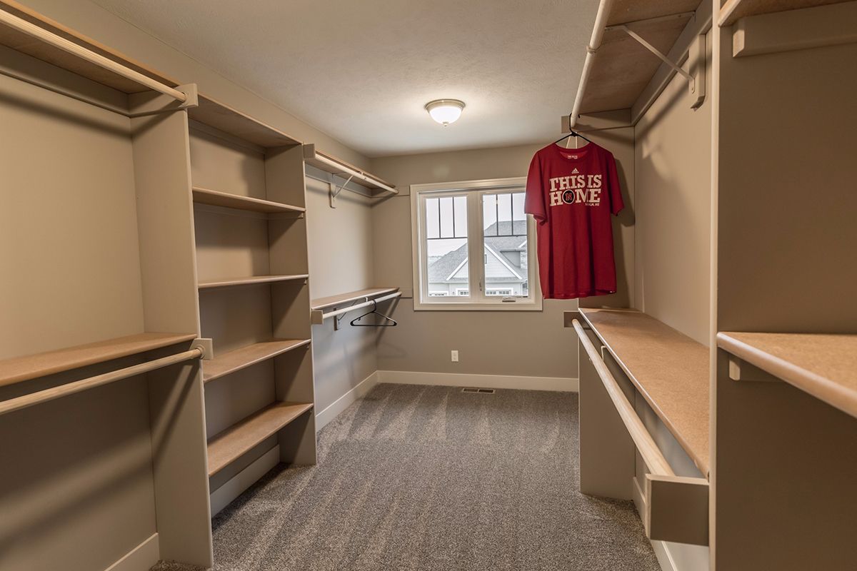 Walk-in closet with built-in shelves, hanging rods, carpet, and a red shirt by the window