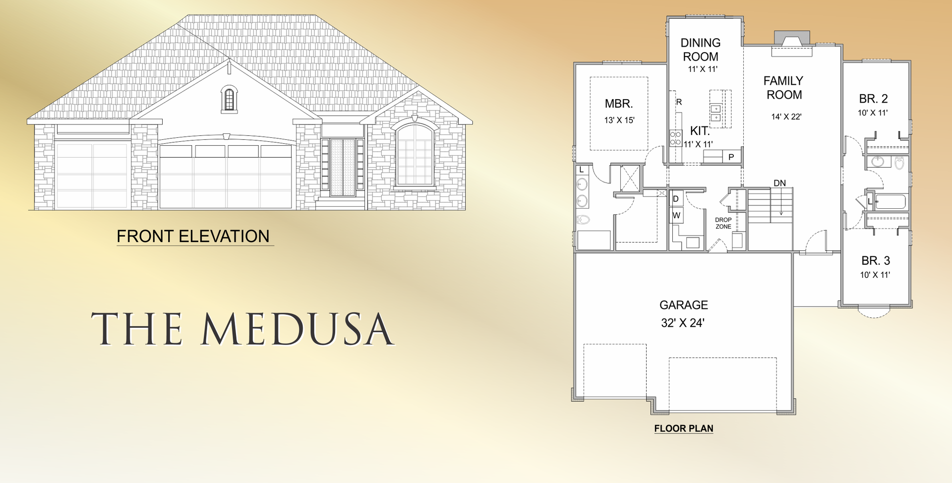 House elevation and floor plan for “The Medusa” with cream background and black architectural drawings.