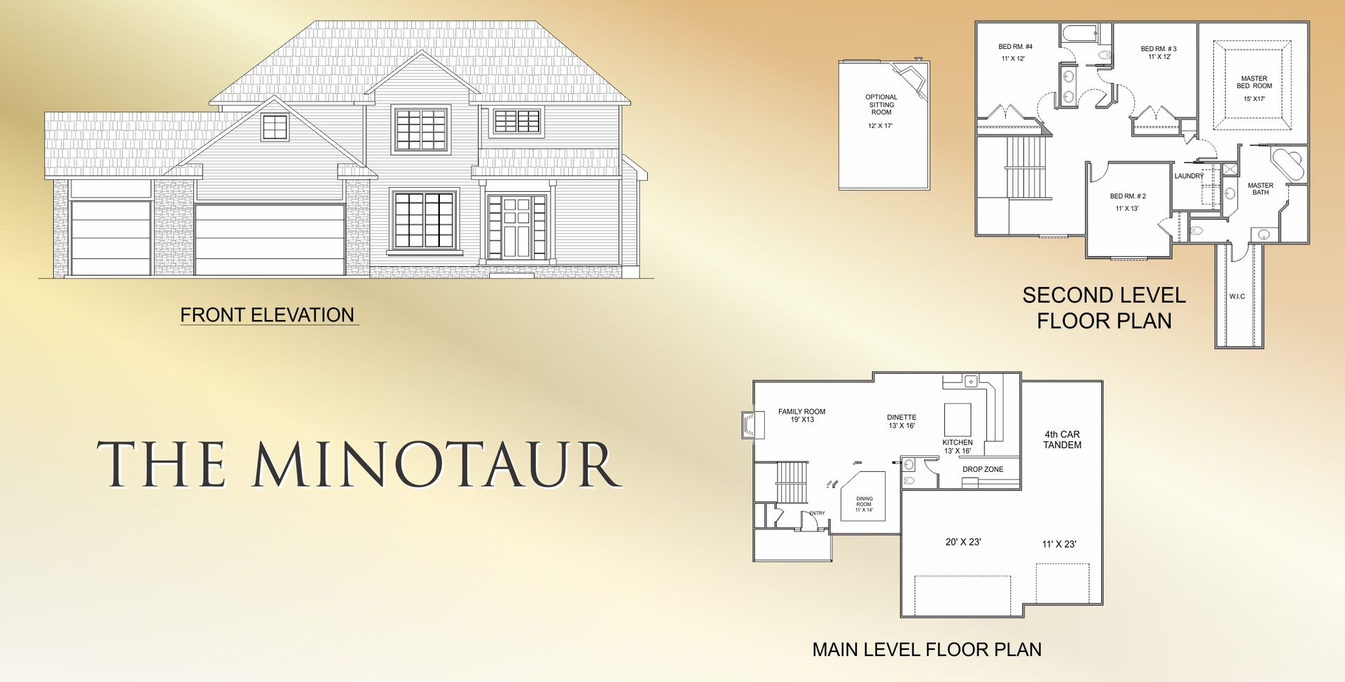 Architectural concept sheet titled “The Minotaur” with a house elevation and floor plan diagrams.