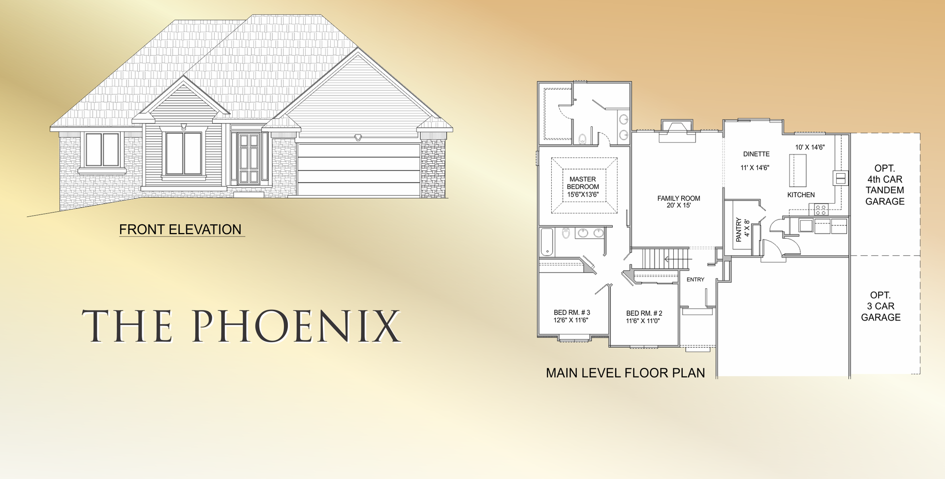 House floor plan and front elevation labeled “The Phoenix” on a light gradient background.