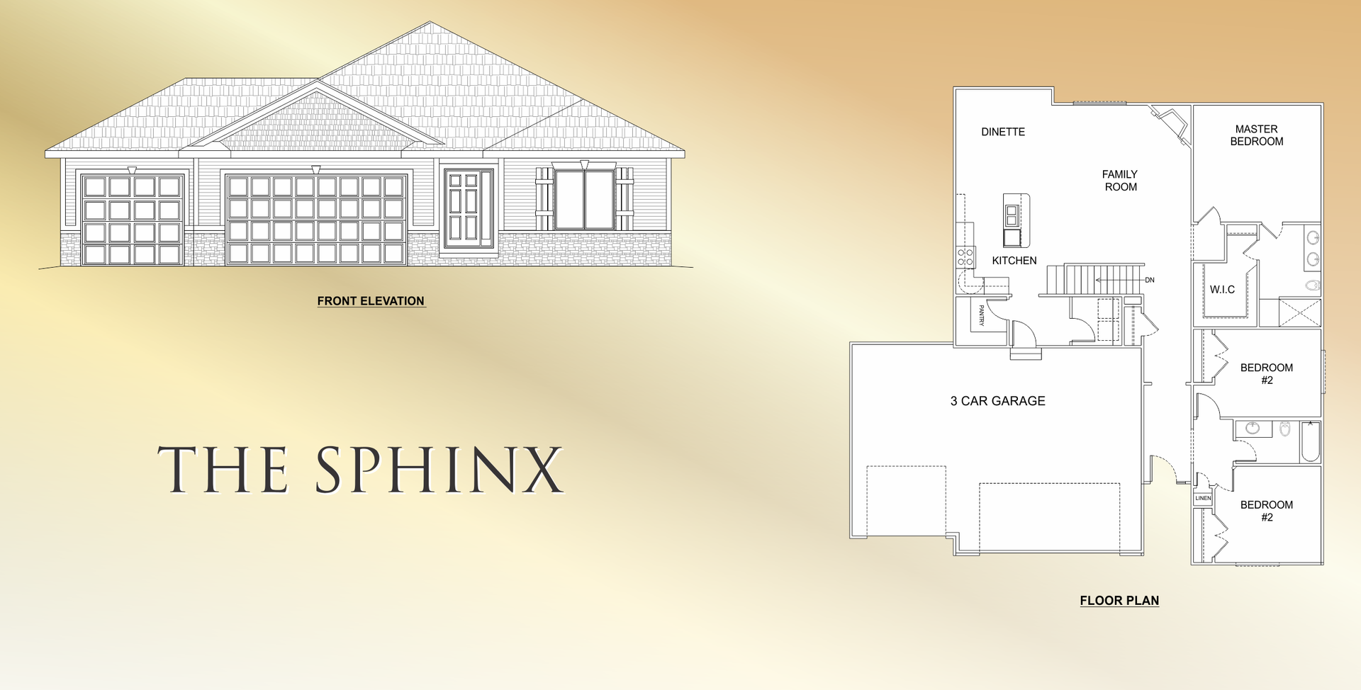 Architectural floor plan and house elevation labeled “The Sphinx” on a beige background.