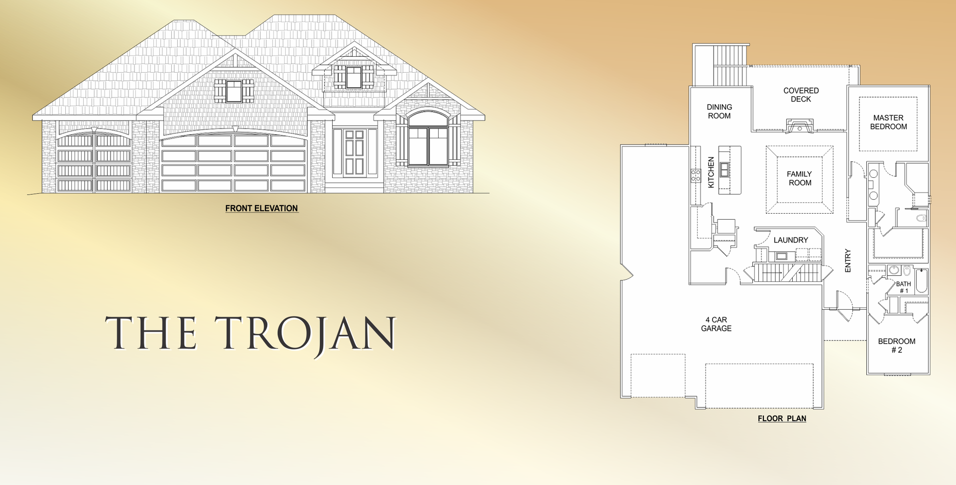 “The Trojan” house floor plan and front elevation on a beige background