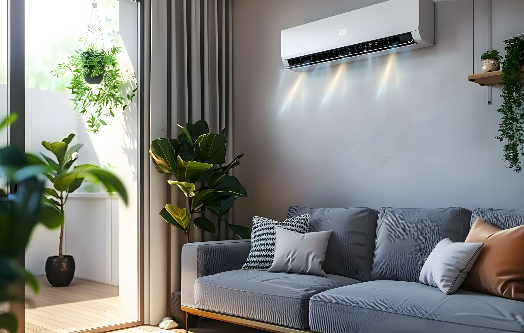 Energy-efficient air conditioner with fresh natural in a modern living room.