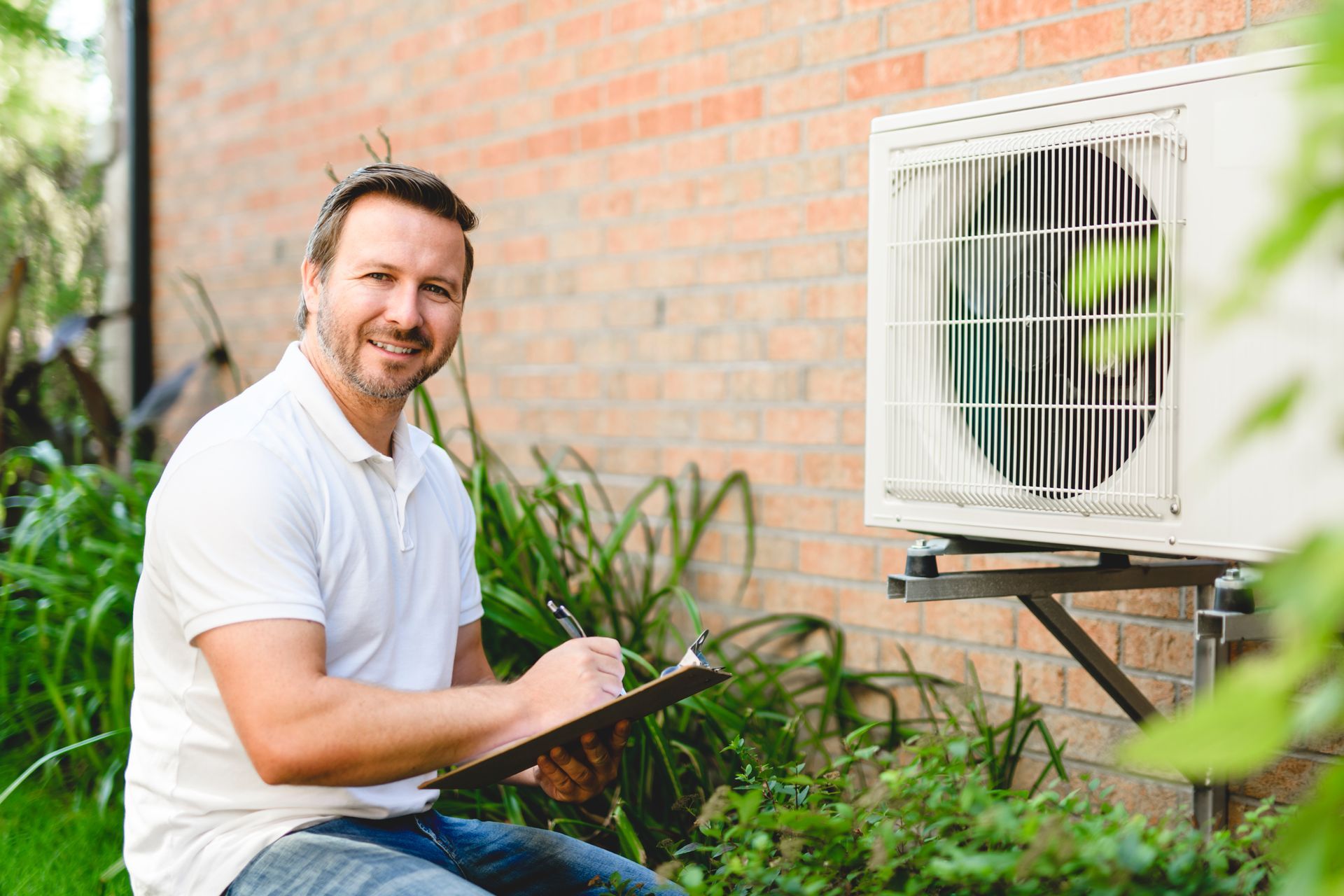 A contractor is working on an AC outdoor unit while holding a clipboard.