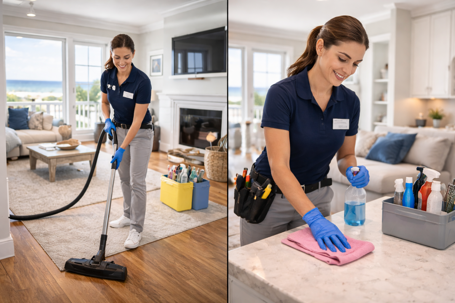 Two images: a person vacuuming a rug and a person cleaning a countertop; both wearing blue shirts and gloves.