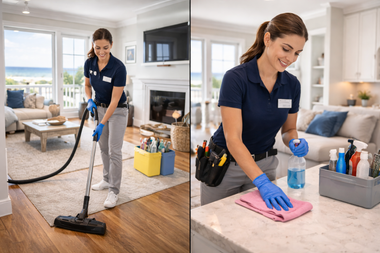 Two images: a person vacuuming a rug and a person cleaning a countertop; both wearing blue shirts and gloves.