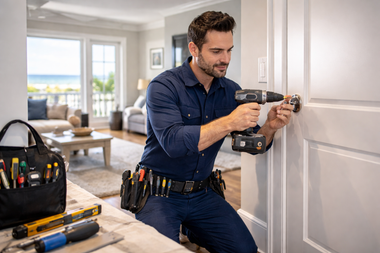 Handyman in blue jumpsuit uses a drill to install a door lock in a home.