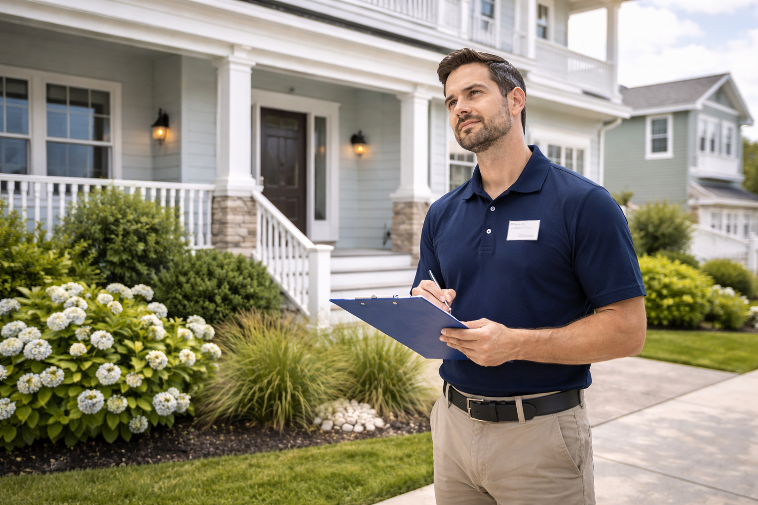 Man with clipboard outside house, looking up thoughtfully, preparing notes.